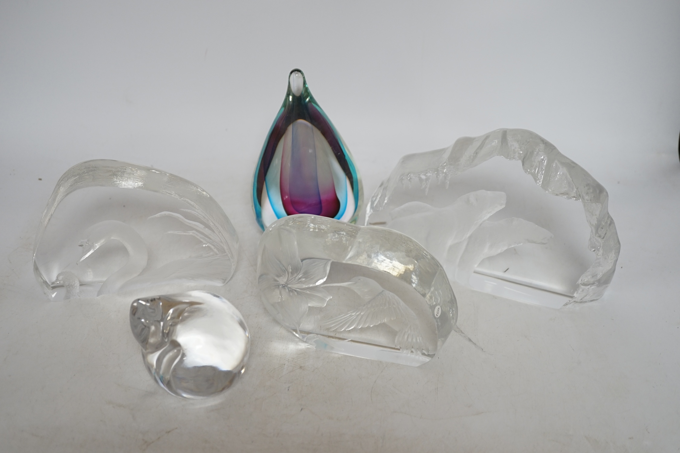Three large iceberg shaped bird and bear signed glass paperweights, a small Goebel paper weight and another, tallest 16cm high. Condition - good